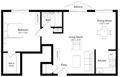 Floor plan for 1 bed, 1 bath, 812 sqft